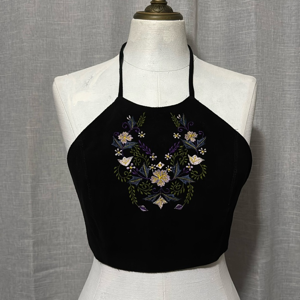Genuine Leather Halter Top-M-Black with Embroidered Front Detail-Ties-Like New - Picture 2 of 14